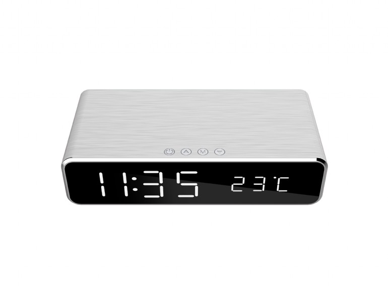 GEMBIRD Digital alarm clock with wireless charging function, silver | DAC-WPC-01-S