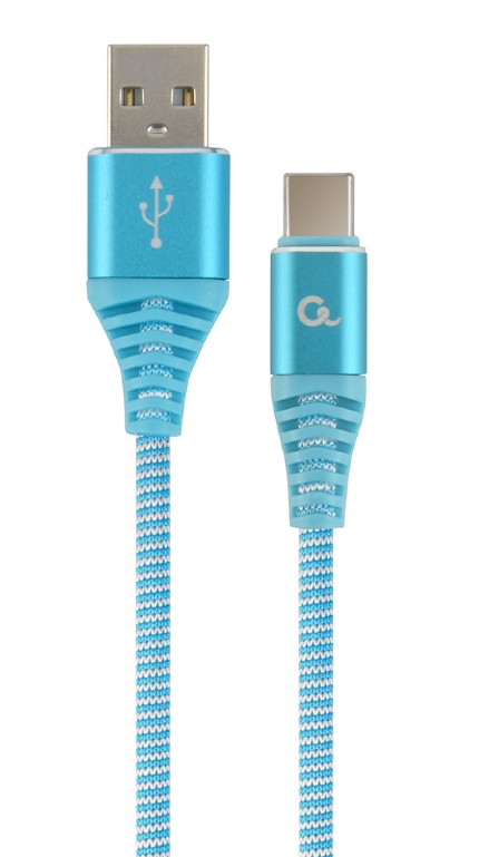 GEMBIRD Premium cotton braided Type-C USB charging and data cable, 1 m, turquoise blue/white | CC-US