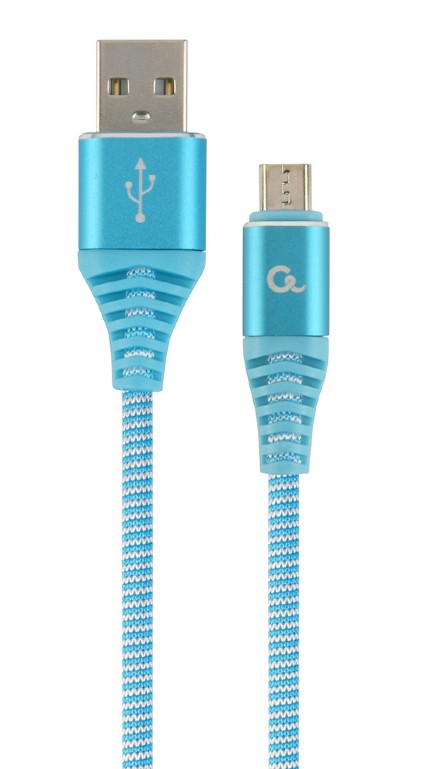 GEMBIRD Premium cotton braided Micro-USB charging and data cable, 1 m, Turquoise blue/white | CC-USB