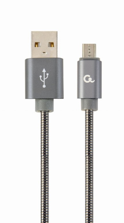 GEMBIRD Premium spiral metal Micro-USB charging and data cable, 1 m, metallic-grey | CC-USB2S-AMmBM-