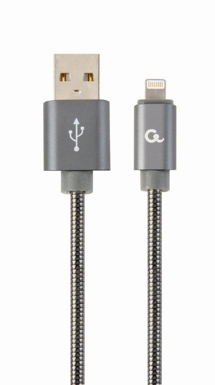 GEMBIRD Premium spiral metal 8-pin charging and data cable, 1 m, metallic-grey | CC-USB2S-AMLM-1M-BG