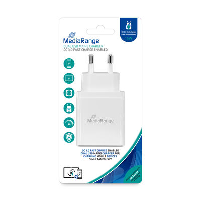 KARIKUES FAST CHARGER MEDIA RANGE Dual USB mains charger, QC 3.0 fast charge enabled, 18 W ou