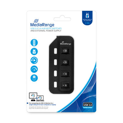 MEDIARANGE USB HUB 1:4 WITH SEPARATE SWITCHES AND POWER SUPPLY UNIT, BLACK USB 3.0