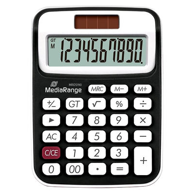 MEDIARANGE COMPACT CALCULATOR WITH 10-DIGIT LCD, SOLAR AND BATTEY-POWERED, BLACK/WHITE