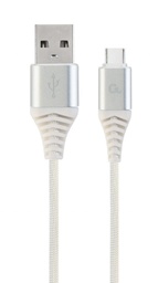 [A05558] GEMBIRD Premium cotton braided Type-C USB charging and data cable, 1 m, silver/white | CC-USB2B-AMCM
