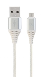 [A05568] GEMBIRD Premium cotton braided Micro-USB charging and data cable, 1 m, silver/white | CC-USB2B-AMmBM